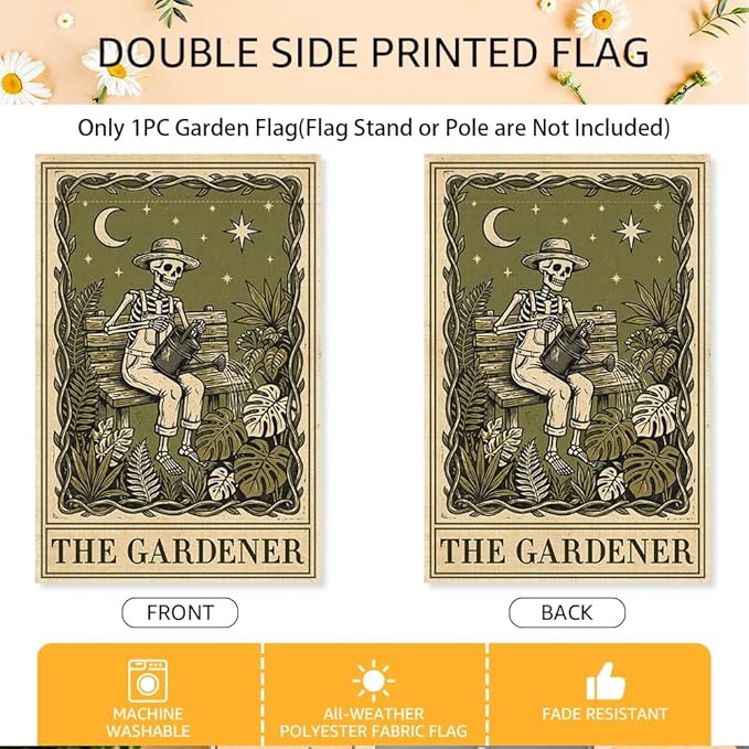 The Gardener Garden Flags for Outside, Gothic Garden Flag for Plant Lover, Spooky Yard Banner for Gardener, Funny Skeleton Planting Lawn Yard Sign Decor, Halloween Gifts for Family Friends