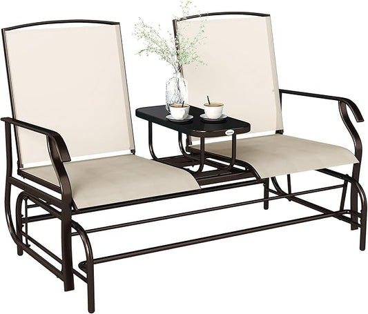 Outsunny Outdoor Glider Bench with Center Table, Metal Frame Patio Loveseat with Breathable Mesh Fabric and Armrests for Backyard Garden Porch, Beige