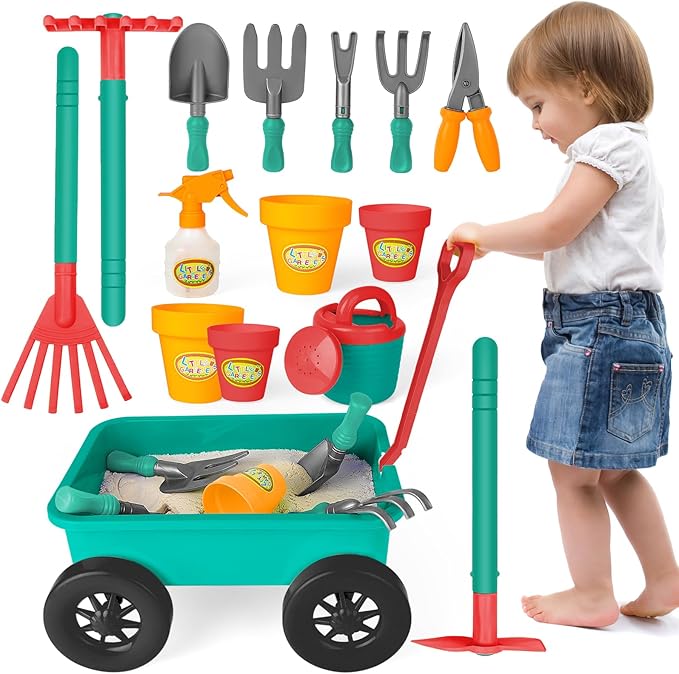 deAO Kids Garden Wagon Wheelbarrow and Gardening Tools Play Set Includes 10 Accessories and 4 Plant Pots,Great Outdoor Toddler Toys Kids Gardening Set