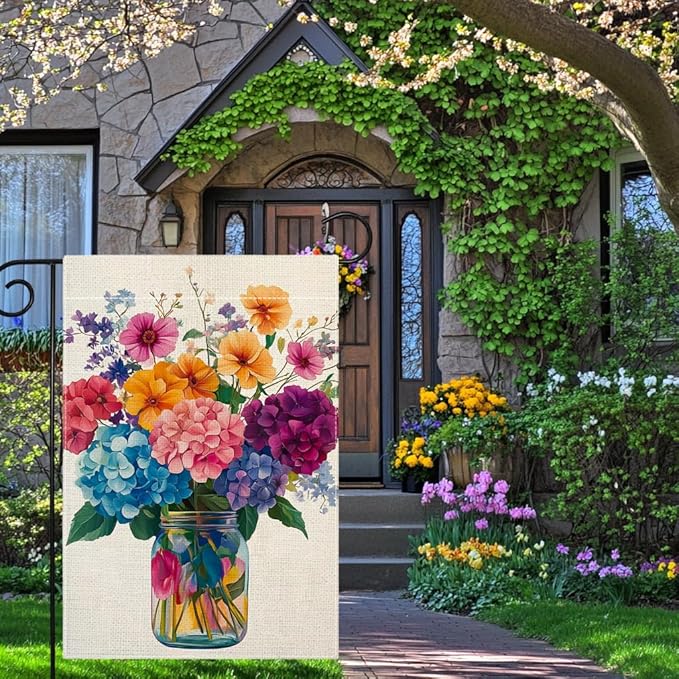 Spring Summer Colorful Floral Mason Jar Garden Flag 12x18 Inch Double Sided Hydrangea Flower Yard Outdoor Flag House Holiday Outside Decoration