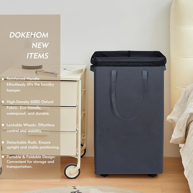 DOKEHOM 90L X-Large Rolling Laundry Basket Hamper on Wheels, Grey | Collapsible clothes hamper with removable mesh wash bag. High-capacity foldable washing bin organizer