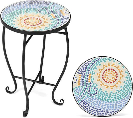 VINGLI Mosaic Accent Table, 14" Round Side Table,End Table, Plant Stand Decor for Patio Porch Beach Theme Balcony Back Deck Pool Indoor Outdoor Coffee, Metal Cobalt Glass Top Black Iron(Blue Hawaii)