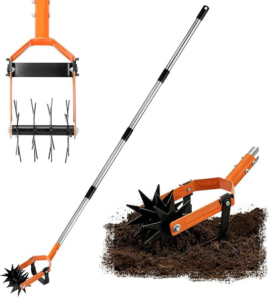 Rotary Cultivator Garden Rotary Tiller with Adjustable Stainless Steel 43"-72" Long Handle,Heavy Duty Hand Rolling Tiller Tines Garden Tool for Aerate