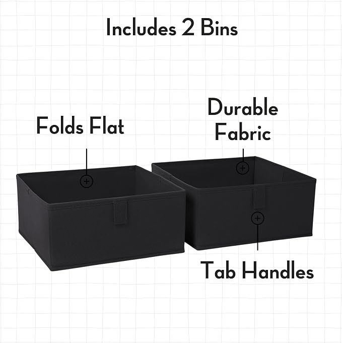 RiverRidge Folding Storage Bins - 2-pack of 5in Tall Black Cubes
