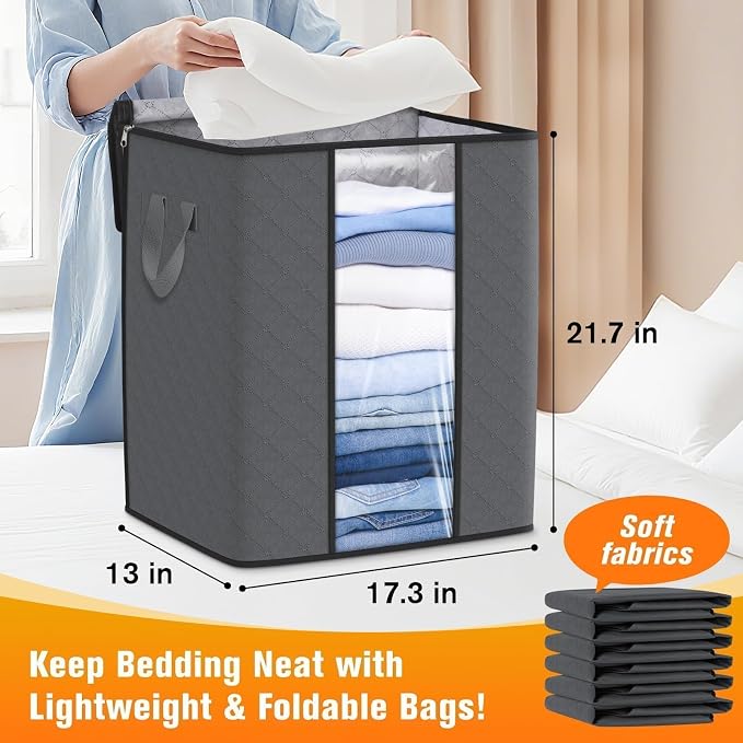 6 Pack Clothes Storage Bags 80L Blanket Storage Containers with Window Grey