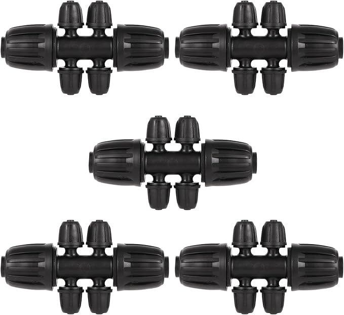 1/2 Inch to 1/4 Inch Tubing Irrigation Fittings for (1/2'' ID x 0.60''-0.63'' OD) 16mm Drip Tubing,Locked Barbed Tee Connectors (10 Pcs Barbed Tee 6-Way)