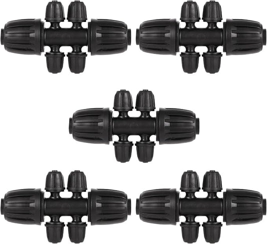 1/2 Inch to 1/4 Inch Tubing Irrigation Fittings for (1/2'' ID x 0.60''-0.63'' OD) 16mm Drip Tubing,Locked Barbed Tee Connectors (10 Pcs Barbed Tee 6-Way)