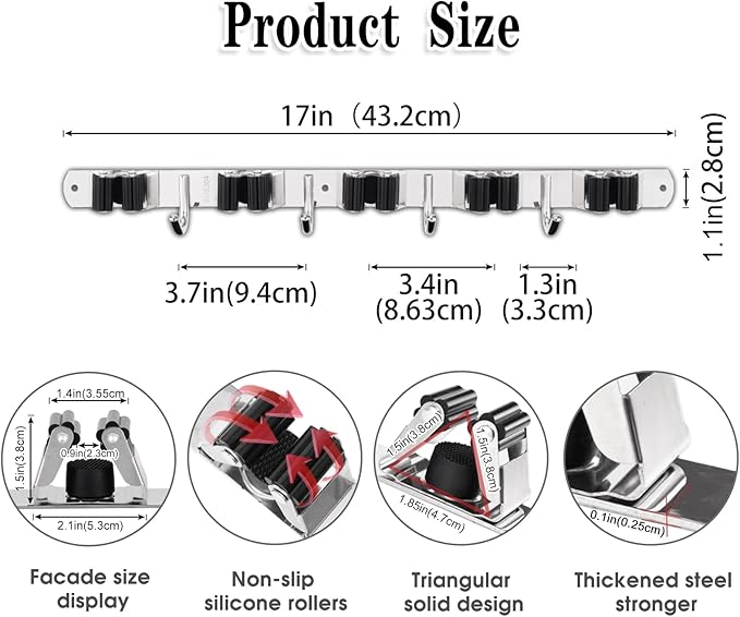 2 Pack Broom Holder Wall Mount, 5 Racks 4 Hooks Mop and Broom Organizer