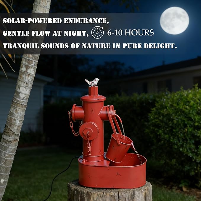 Metal Fire Hydrant Solar Water Fountain with Backup Battery,Solar Powered Water Fountain Outdoor,Solar Fountain Bird Bath for Garden, Patio & Yard Decor,Working at Night for at Least 6 Hours (red)
