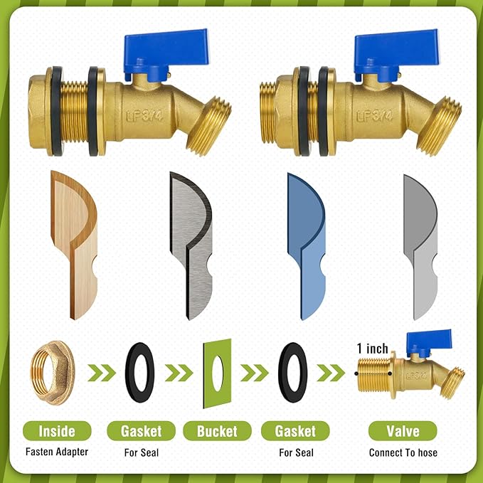 GHT 3/4 spigot for rain barrel, brass bulkhead water barrel spigot kit for diy tank parts and accessories connect garden hose outdoor bucket (1 pc, blue)