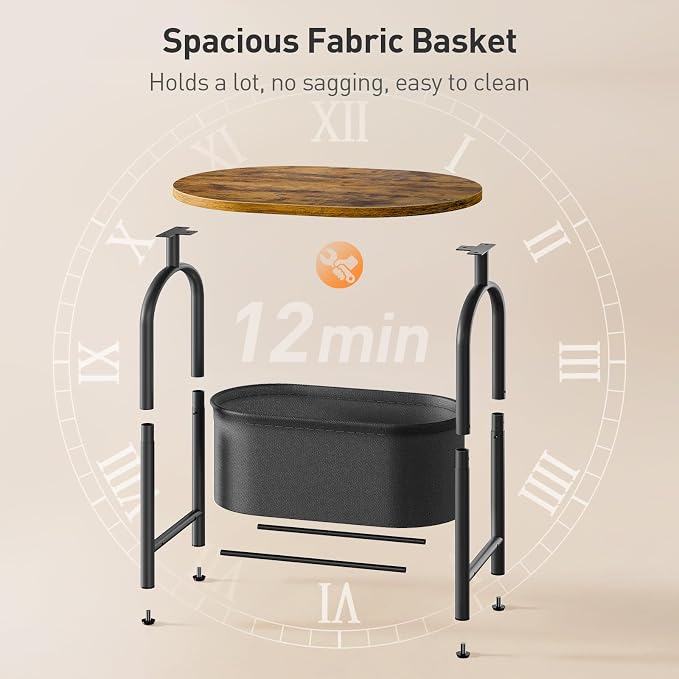 RALGEND Small Round Side Table with Fabric Basket Storage, Oval End Table for Small Spaces, Modern Coffee Bedside Table, Couch Side Table for Living Room, 15.7" X 11.8" X 24", Rustic Brown 8601BZBF