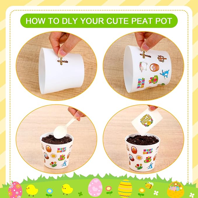 Domensi 30 Pack Garden Pot Craft Kit 4 Inch DIY Happy Easter Crafts for Kids Bulk Small Plastic Spring Flower Plant Pot Plastic Planter with Tray Drainage Holes with Tag, Certificate of Award, Sticker
