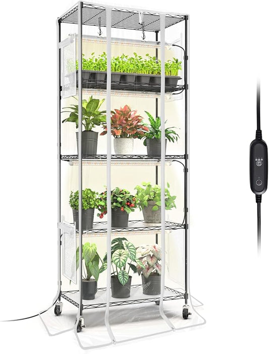 Bstrip Indoor Greenhouse, 5 Tier 23.5"x13.8"x59" Mini Greenhouse with Grow Light, 4 Pack 24W Full Spectrum Plant Lights & Timer, Plant Stand with Grow Light for Indoor Plant, Seed Starting, Seed Tray