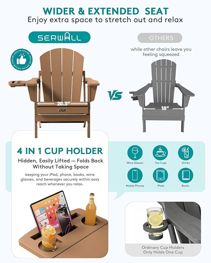 SERWALL Folding Adirondack Chair, Adirondack Chairs with 4 in 1 Multi-Functional Cup Holder, Wood-Like Patio Chair, Lawn Chairs, Weather Resistant HIPS Plastic Fire Pit Chair for Garden, Backyard