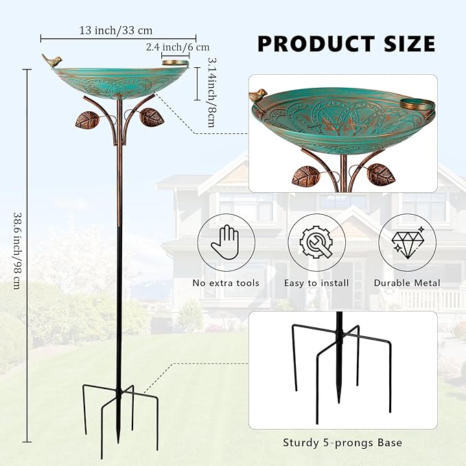 Metal Bird Baths for Outdoors, 39" H Birdbath with 13 Inch Bowl, Standing Bird Bath & Bird Feeder with Stake for Outside Garden Patio Yard Lawn Decor,Green