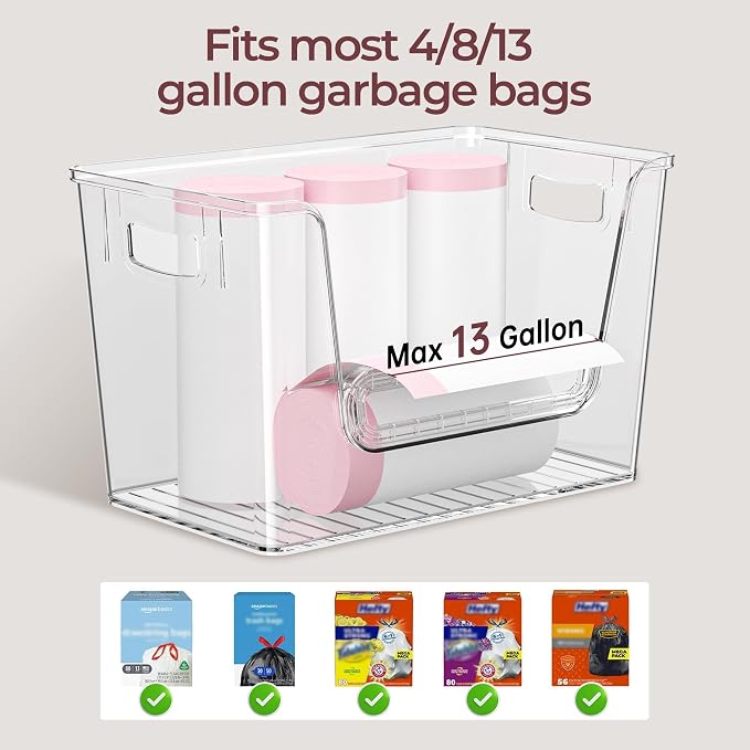 Delamu 2 Set Pantry Organizers and Storage, Trash Bag Holder Under Sink Organizer for 4-13 Gal Bags, Trash Bag Dispenser with Bamboo Top for Onion, Potato, Garlic, Clear (11-7/32"L*7" W*7-1/8"H)