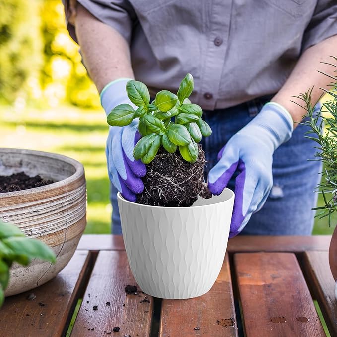 WSMKSZ 6 inch Flower Pots, 5 Pack Plant Pots with Drainage Holes and Saucers for Indoor Plants, Plastic Planters with Water Ripple for Small Garden House Plants, Nursery Pots for Succulent, White