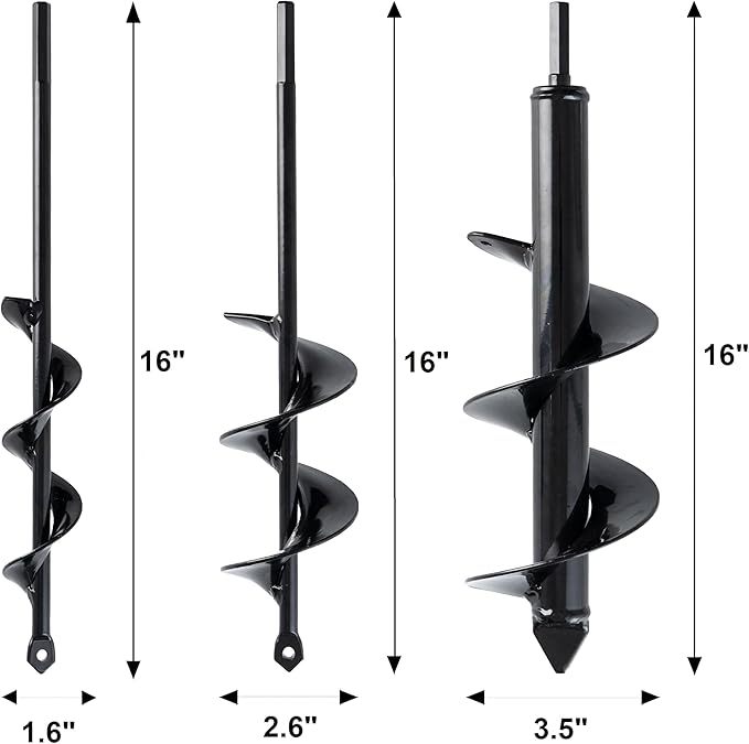 VASGOR Set 3 (1.6x16, 2.6x16, 3.5x16) Solid Shaft Auger Drill Bit for Planting - Easy Planter Garden Auger - Bulb & Bedding Plant Augers - Post Hole Digger for 3/8” Hex Drive Drill