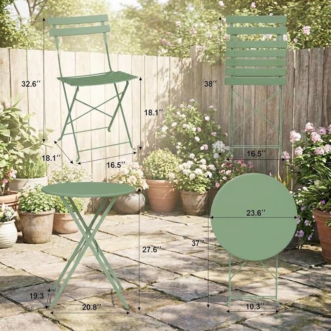 Garvee 3-Piece Folding Bistro Set Outdoor Patio Furniture, Space-Saving Foldable Chairs & Table with Heavy-Duty Powder-Coated Steel Frame, No Assembly Required, for Garden, Balcony, Backyard, Green
