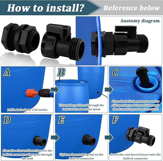 Rain Barrel Spigot Kit 4 Kit Water hose Shut-Off Ball Valve Plastic Garden Hose Shut Off Valve+3/4 GHT Rain Barrel Bulkhead Fitting for Rain Barrels Water Tank Pond Aquarium Tubs Pools Spigot