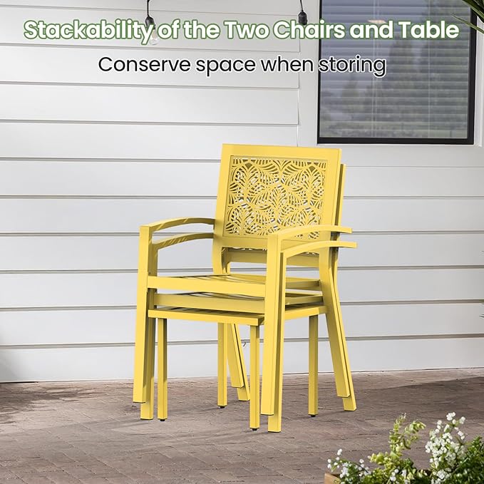 BUPPLEE 3 Piece Patio Bistro Set, Outdoor Steel Furniture Set, Stackable Modern Conversation Sets for Balcony Garden Deck Patio w/2 Chairs 1 Table, Yellow