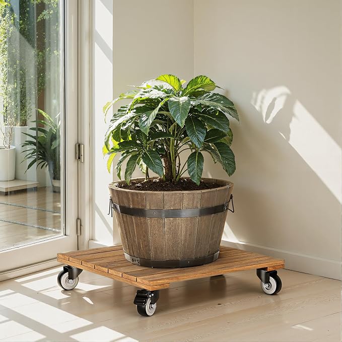 2-Pack 14 Inch Wood Plant Caddy with Wheels Heavy Duty, 264 lbs Acacia Hardwood Plant Caster Dolly Rolling Stand with 360° Lockable Wheels for Heavy Plant Pots and Outdoor Use