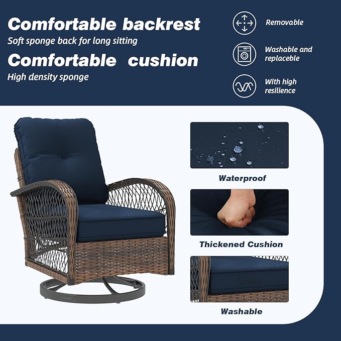 MELLCOM 3 Pieces Patio Furniture Set, Outdoor Swivel Rocker Patio Chairs, Wicker Patio Bistro Set with Rocking Chair, Thickened Cushions and Glass Coffee Table for Backyard, Garden, Navy Blue