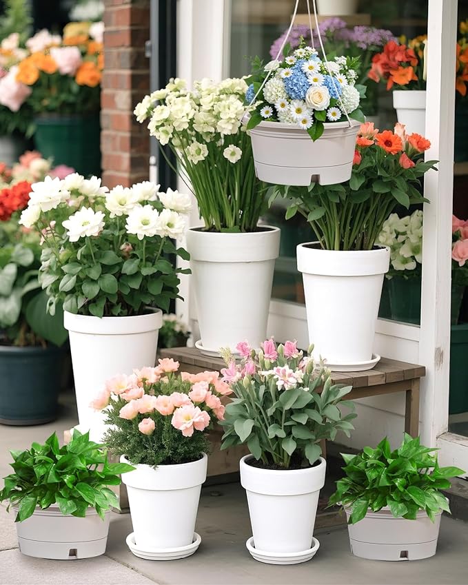 VIDELLY 12 Inch Large Hanging Planters for Indoor Plants,2 Pack Plastic Hanging Basket Pots with Drainage Trays & Chain Holders for Outdoor Indoor Plants Garden Balcony Decoration (Beige White)