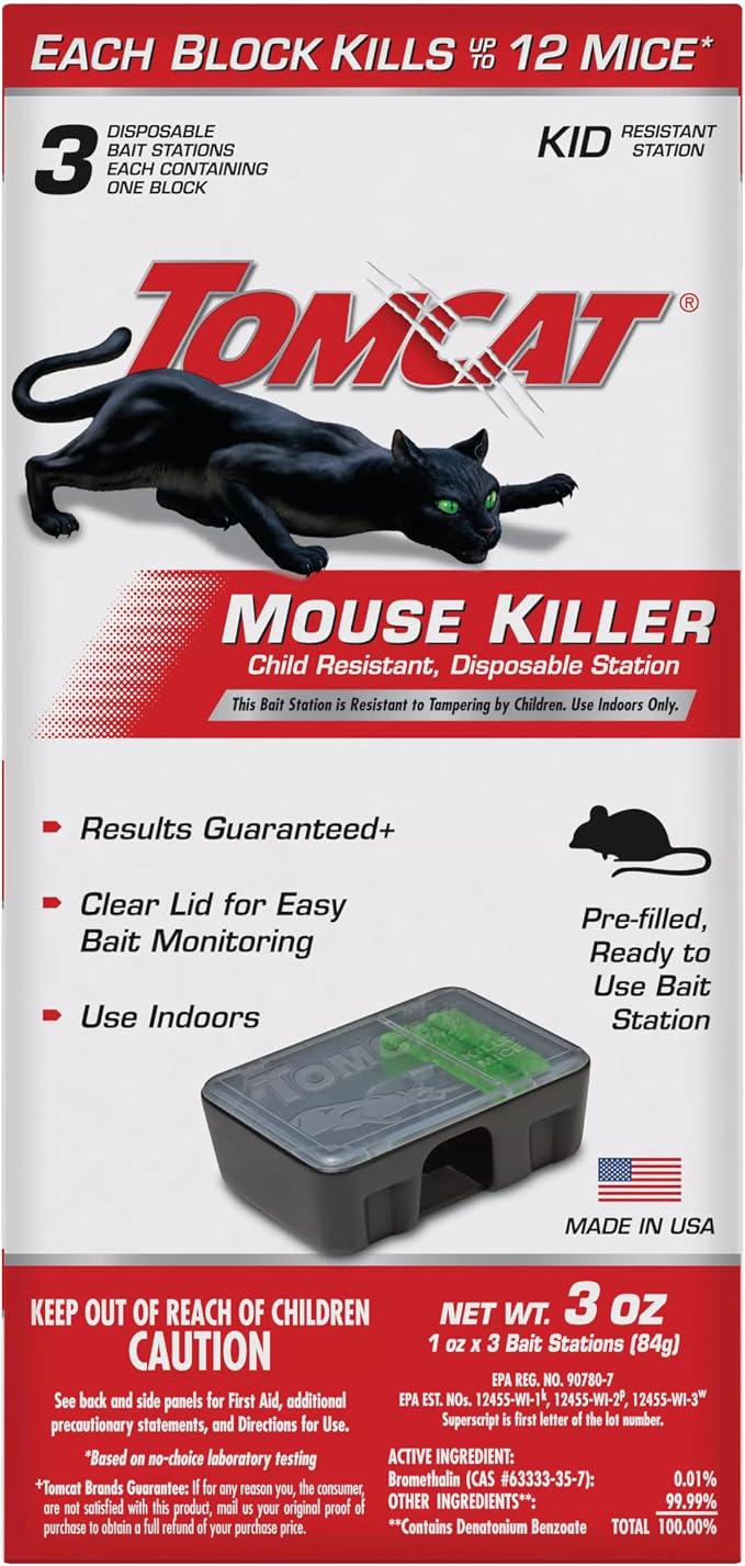 Tomcat Mouse Killer Disposable Station for Indoor Use - Child Resistant, 3 Stations with 1 Bait Each