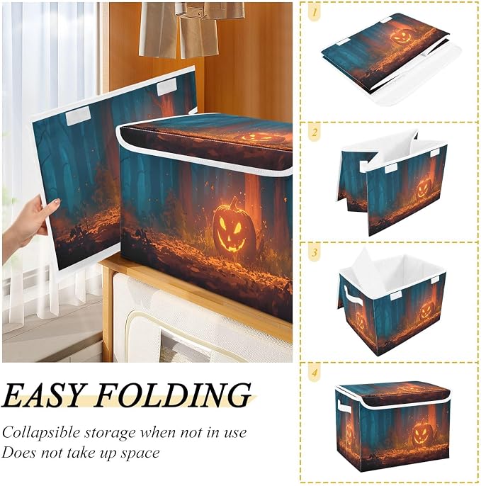 senya Large Storage Bins with Linen Halloween Pumpkin Yellow Collapsible Foldable Storage Cubes Fabric Closet Organizer Containers Box with Flip-Top Lid for Home Bedroom Office 16.7 x 12.6 x 11.8in