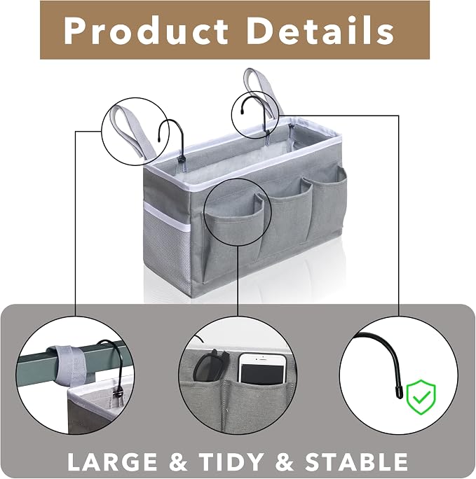 Kanrichu Bedside Caddy Hanging Storage Bag, Organizer Baskets with Pockets for Bunk Bed Accessories, Loft & Dorm Rooms Chair Bed Rails (White-2pcs)