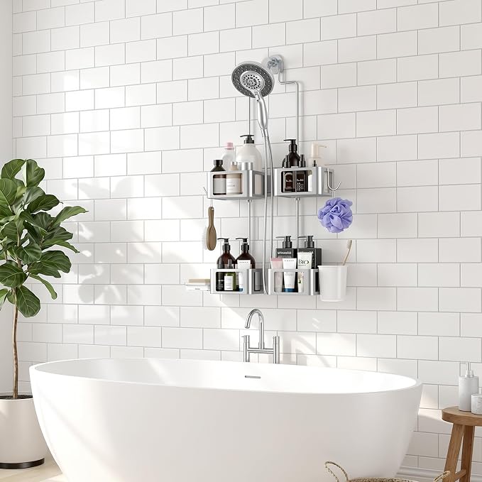 Shower Caddy Haging for Handheld Showerhead, Over Head Shower Caddy,Silver | Rustproof,Soap Dish,Hooks,Toothbrush Holder, Anti-Swing Adhesive Strip &Suction Cup, Holds Razor,Sponge,Soap,Toothbrush