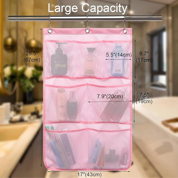 GYEUKHAM Mesh Shower Caddy Hanging Organizer with 7 Pockets and Hooks, Portable Quick Dry Bathroom Storage for College Dorm, Cruise, RV, Gym, Travel Toiletry Bag, Pink, 2 Pack