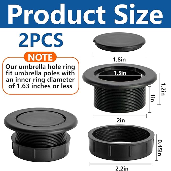 DECOHS 2 Pcs 2 Inch Parasol Umbrella Hole Ring Plug and Cap Set, Thicker Patio Table Hole Cover Insert, Deck Table Umbrella Holes Plug Replacement Parts for Outdoor Patio Table Garden Yard