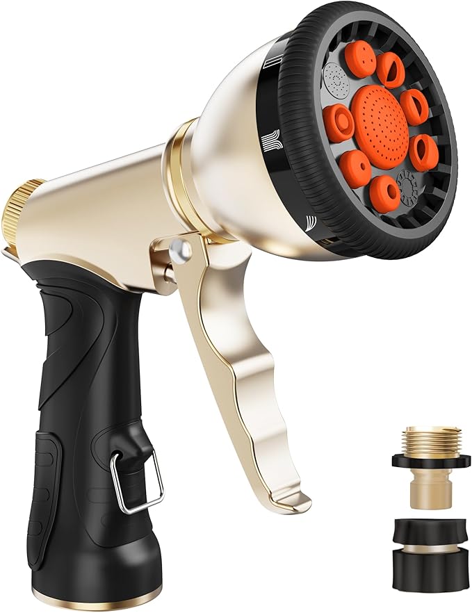 RAINPOINT Garden Hose Nozzle, 9 Spray Patterns Hose Sprayer Nozzle, Heavy Duty Metal Water Hose Nozzle, Adjustable Hand Sprayer, Watering Plants and Lawn, Pet Showering, Orange
