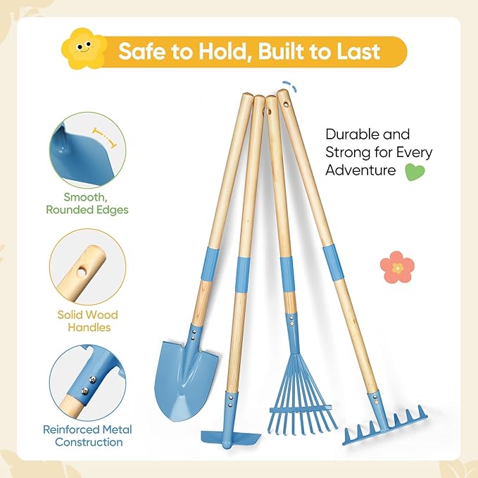 Grenebo Kids Gardening Set with Wheelbarrow, 11-Piece Outdoor Yard, Beach, STEM Garden Play Kit with Child-Sized Tools, Durable, Safe & Fun Gift Toy for Ages 2+ Kids Toddlers Boys Girls (Gray)