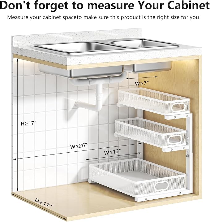 3-Tier Under Sink Organizer, Slide Out Drawer Rack, White, 2 Pack | for Bathroom, Kitchen, Pantry, Laundry & Home Organization and Storage