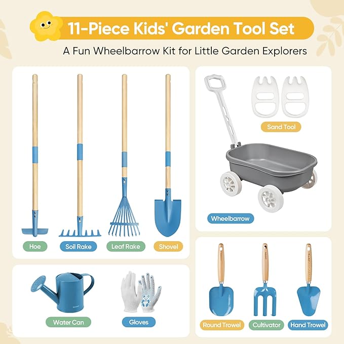 Grenebo Kids Gardening Set with Wheelbarrow, 11-Piece Outdoor Yard, Beach, STEM Garden Play Kit with Child-Sized Tools, Durable, Safe & Fun Gift Toy for Ages 2+ Kids Toddlers Boys Girls (Gray)
