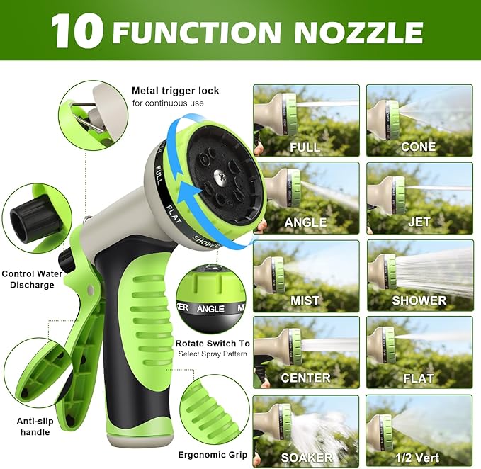 Metal Garden Hose 50 ft Stainless Steel Heavy Duty Water Hose with 10 Function Nozzles Flexible Lightweight Kink-Free Leakproof Sturdy Hoses Pipe 3/4" Brass Fitting for Outdoor Yard Lawn RV