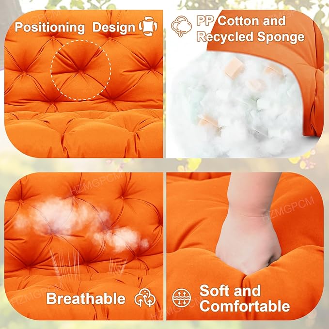 Premium 5" Thick Waterproof Outdoor Swing Cushions Sturdy Durable 2 Seat Replacement Porch Swing Cushions with Backrest&Ties Bench Cushion for Outdoor Furniture Backyard Patio (Orange)