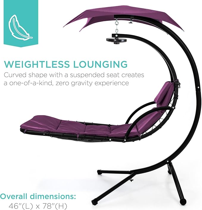 Best Choice Products Hanging LED-Lit Curved Chaise Lounge Chair Swing for Backyard, Patio, Lawn w/ 3 Light Settings, Weather-Resistant Pillow, Removable Canopy Shade, Steel Stand - Purple