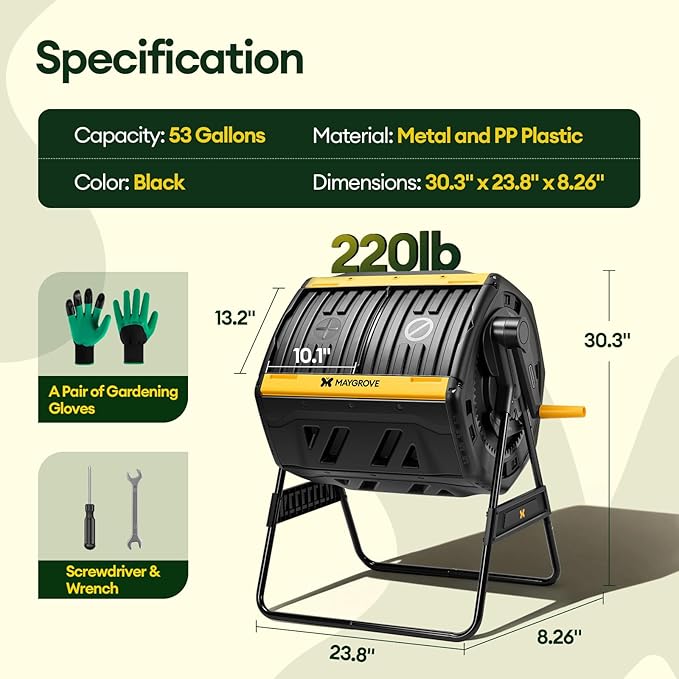 Maygrove Outdoor Compost Bin 53 Gallon, Dual Chamber Large Compost Tumbler for Garden Backyard, with 360° Rotating, Sliding Doors & Solid Steel Frame