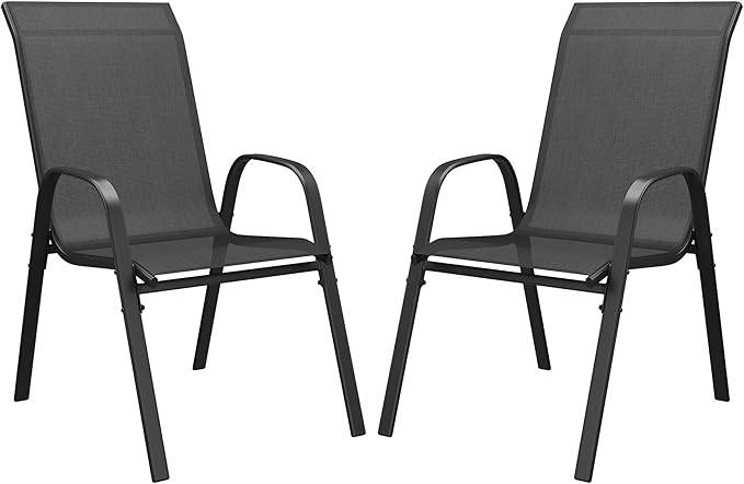 DIFY Patio Chairs Set of 2, Stackable Outdoor Dining Chairs Set with Breathable Textilene High Back and All-Weather Metal Frame for Garden, Backyard, Deck, Dark Grey