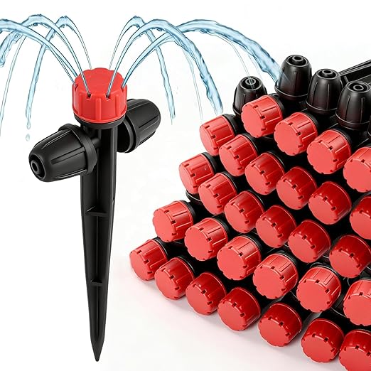26pcs Two-Way Drip Emitters for 1/4" Irrigation Tubing, Easy Connect Adjustable 360 Degree Water Flow Drip Sprayer On 5" Stake for 4/7mm Tube Locked Irrigation Drippers for Garden Flower