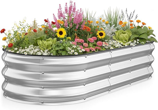 Kesfitt Raised Garden Bed, 5x2x1 FT Galvanized Steel Metal Raised Garden Bed, Oval Open-Bottom Design, 12-Inch Deep for Outdoor Vegetable & Herb Gardening, Silver