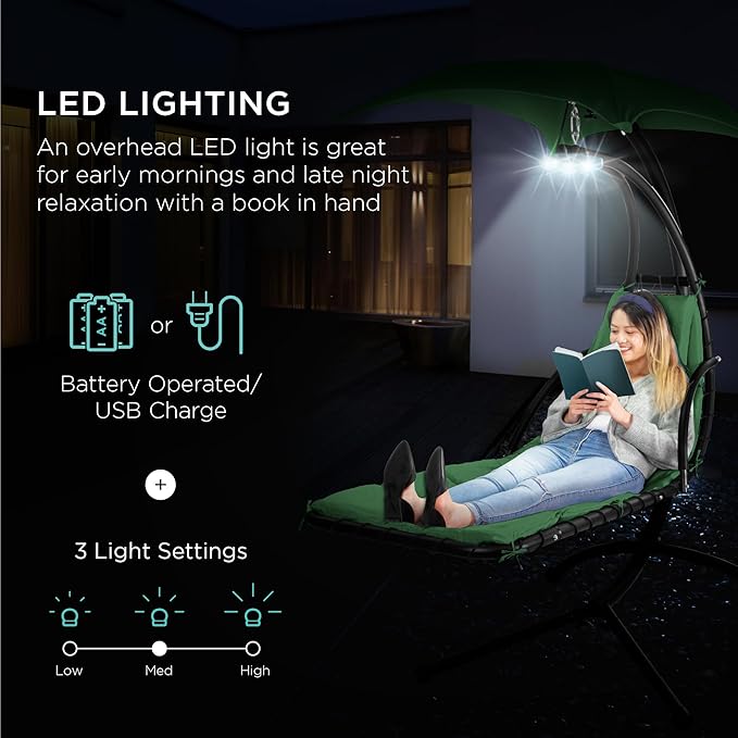 Best Choice Products Hanging LED-Lit Curved Chaise Lounge Chair Swing for Backyard, Patio, Lawn w/ 3 Light Settings, Weather-Resistant Pillow, Removable Canopy Shade, Steel Stand - Green