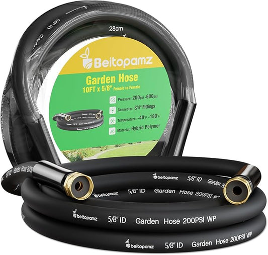 Short Garden Hose 10 ft x 5/8" Female to Female Hose Adapter, Heavy Duty Small Water Hose Extender Connector, Leak-Free Connections Hybrid Rubber Leader Hose with 3/4" Double GHT Fittings, Black