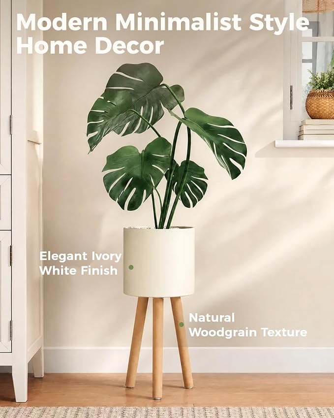 Bamworld Single Plant Holder for Indoor Plants Metal Planter Stand Wooden Leg White Plant Stand Indoor Flower Pot Stand 7in Plant Pot with Stand for Living Room Office Bedroom Decor Modern Home Decor Small