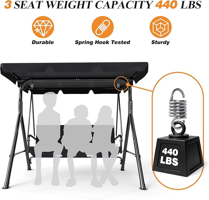 3-Seat Patio Swing Chair,Outdoor Porch Swing with Adjustable Canopy and Durable Steel Frame for Patio, Garden, Poolside (Black)