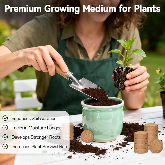 ZeeDix 50 Pack 30mm Organic Coco Coir Seed Starter Pellets, Compressed Coconut Fiber Seed Starter Soil Discs Potting Soil Mix for Indoor Outdoor Plants, Herbs Houseplants Bonsai Vegetables Flowers